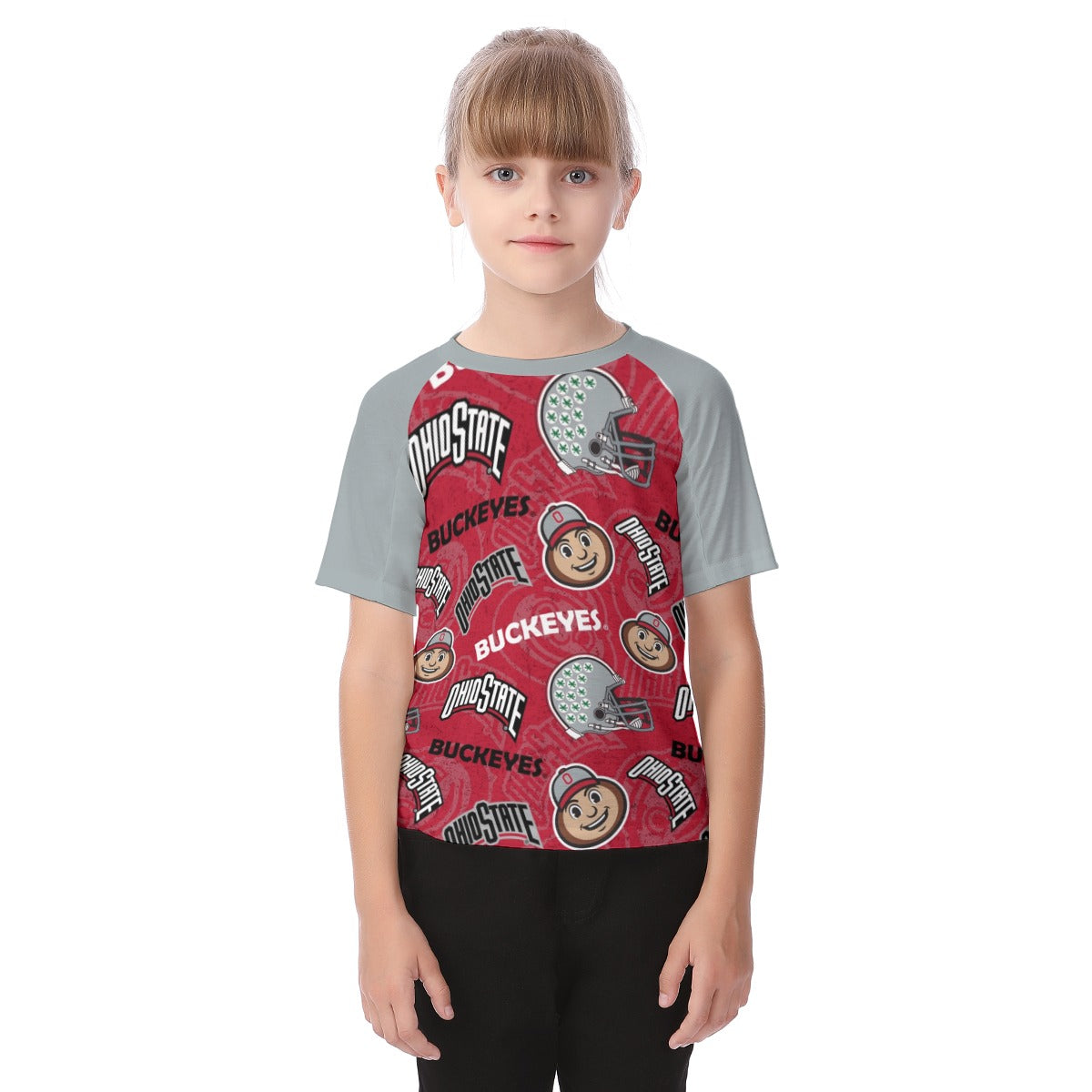 Ohio State Buckeyes Kids Raglan Sleeve T-Shirt – Scarlet and Gray Youth Football Game Day Shirt White game day varsity apparel