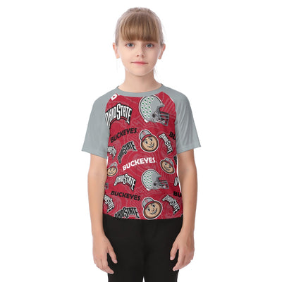 Ohio State Buckeyes Kids Raglan Sleeve T-Shirt – Scarlet and Gray Youth Football Game Day Shirt White game day varsity apparel