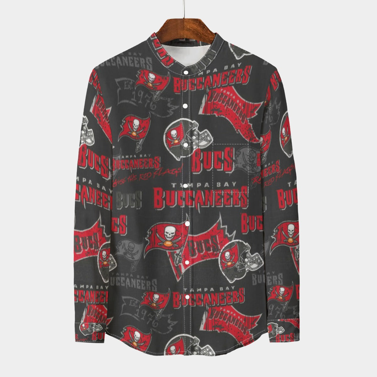 Tampa Bay Buccaneers Men's Stand Collar Shirt With Long Sleeve|110GSM Imitation Flax red pewter football outfit back view