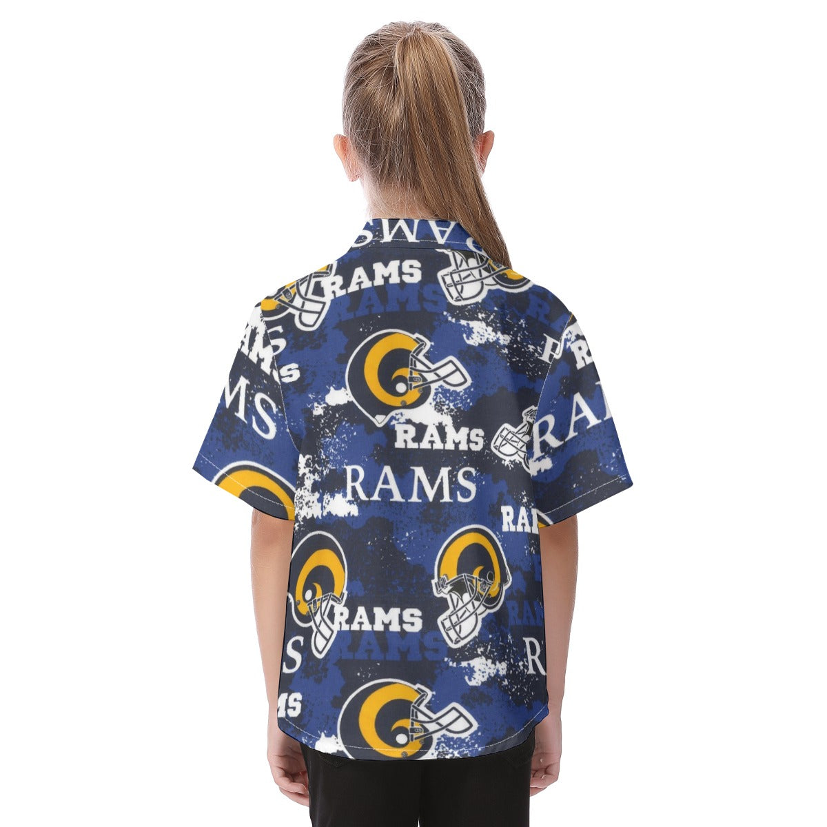 los-angeles-rams-kids-hawaiian-vacation-shirt navy orange football outfit side view