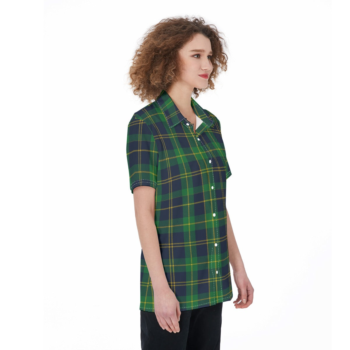 Notre Dame Fighting Irish Green Navy Gold Plaid Womens Shirt 7 green navy gold plaid women fashion apparel