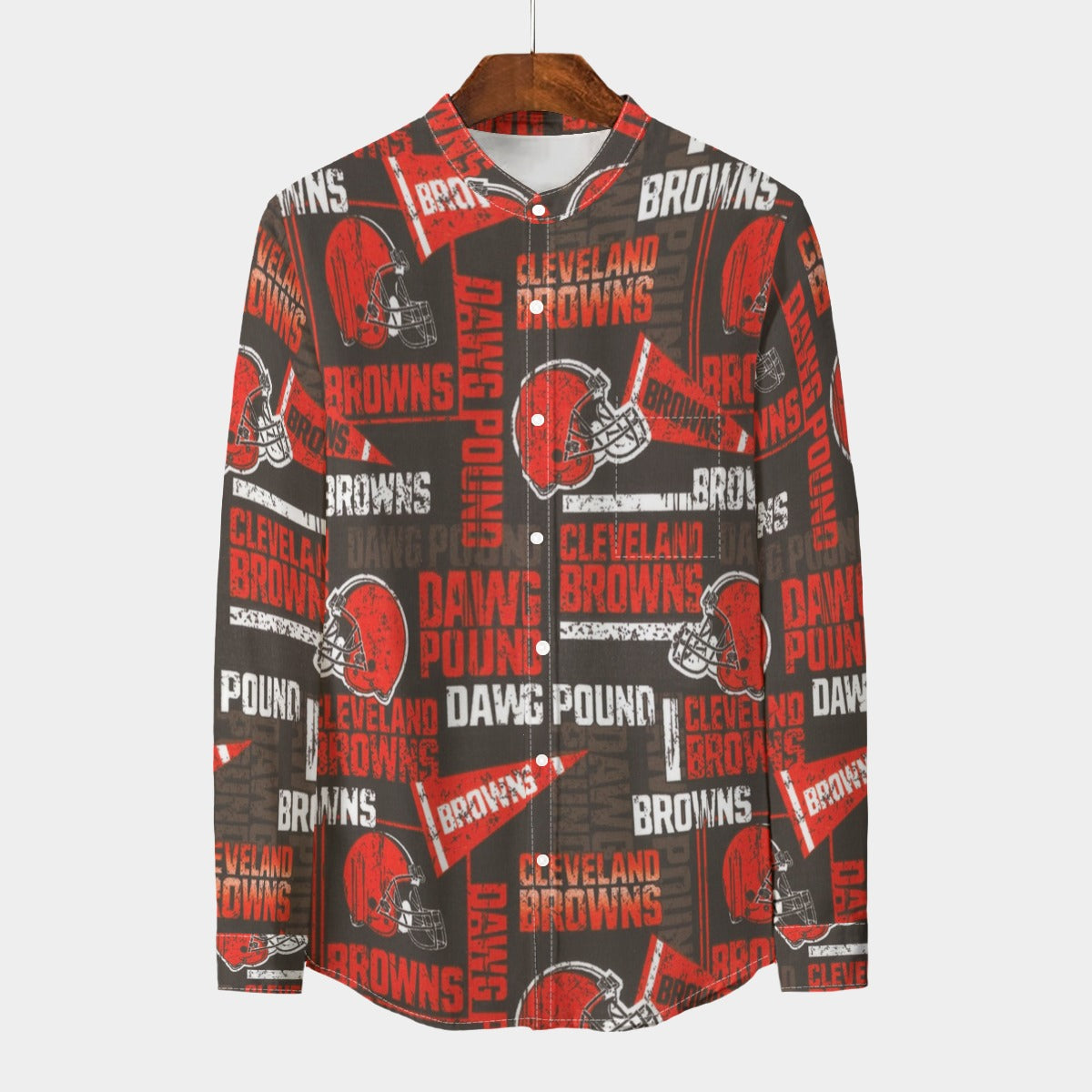 Cleveland Browns  Men's Stand Collar Shirt With Long Sleeve|110GSM Imitation Flax brown orange football outfit back view