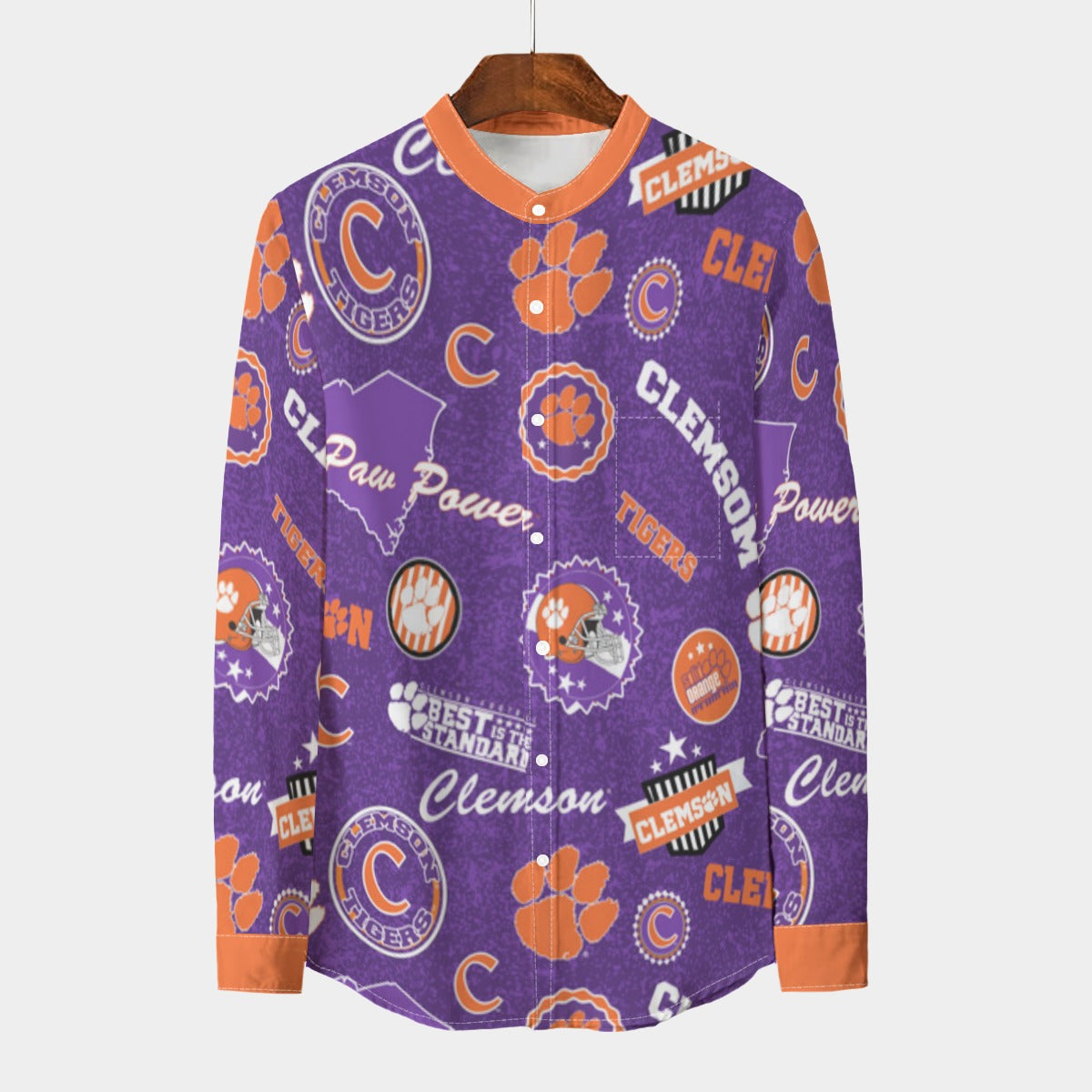 Clemson Tigers Men's Stand Collar Shirt With Long Sleeve|110GSM Imitation Flax - ACC football apparel varsity sportswear product image 1.0
