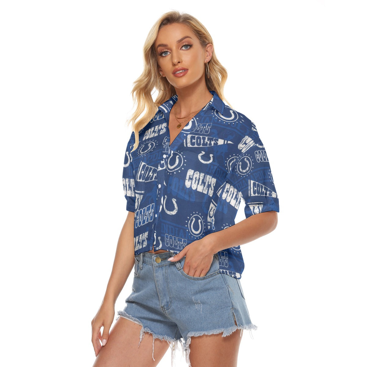 indianapolis-colts-womens-v-neck-shirts blue white football outfit fabric close-up