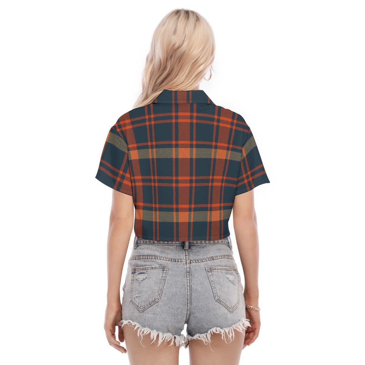 Auburn Tigers Tartan Plaid Navy Orange Women's Cropped Shirt streetwear fashion product image 4