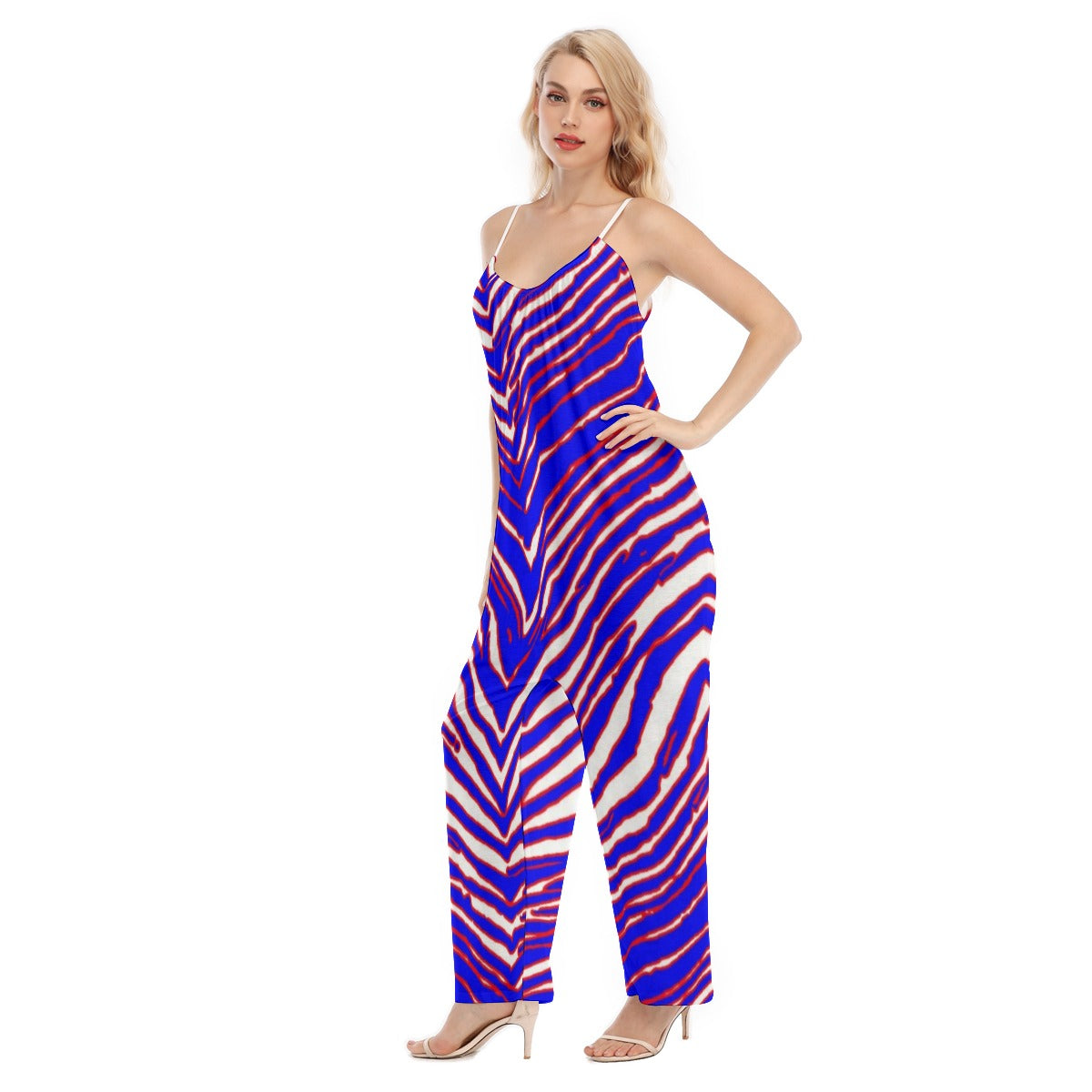 White Smoke Women’s Buffalo football Loose Cami Jumpsuit – Red, Blue White Zebra Game Day Style