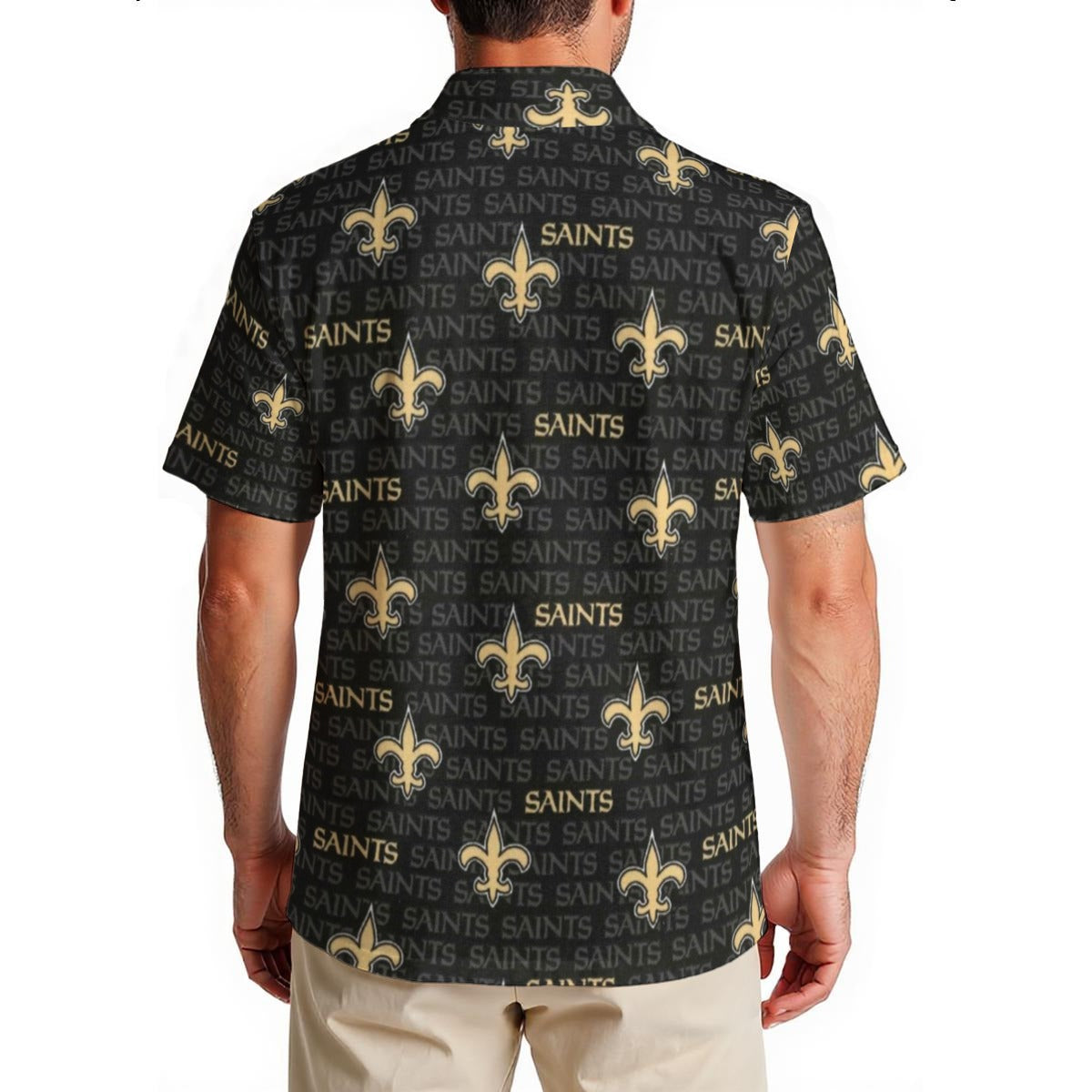 new-orleans-saints-mens-hawaiian-shirt-150gsm black gold football detail fabric breathable