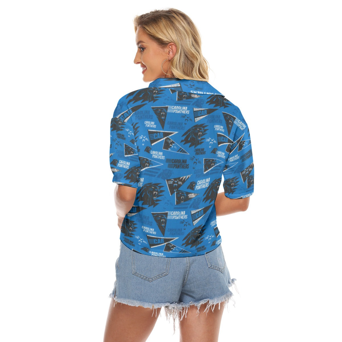 carolina-panthers-womens-v-neck-shirts black blue football close-up design detail