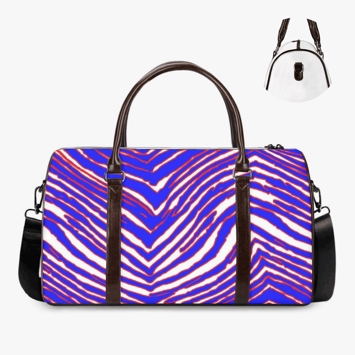 White Smoke Duffle Bag – Red Blue White Zebra Game Day Style