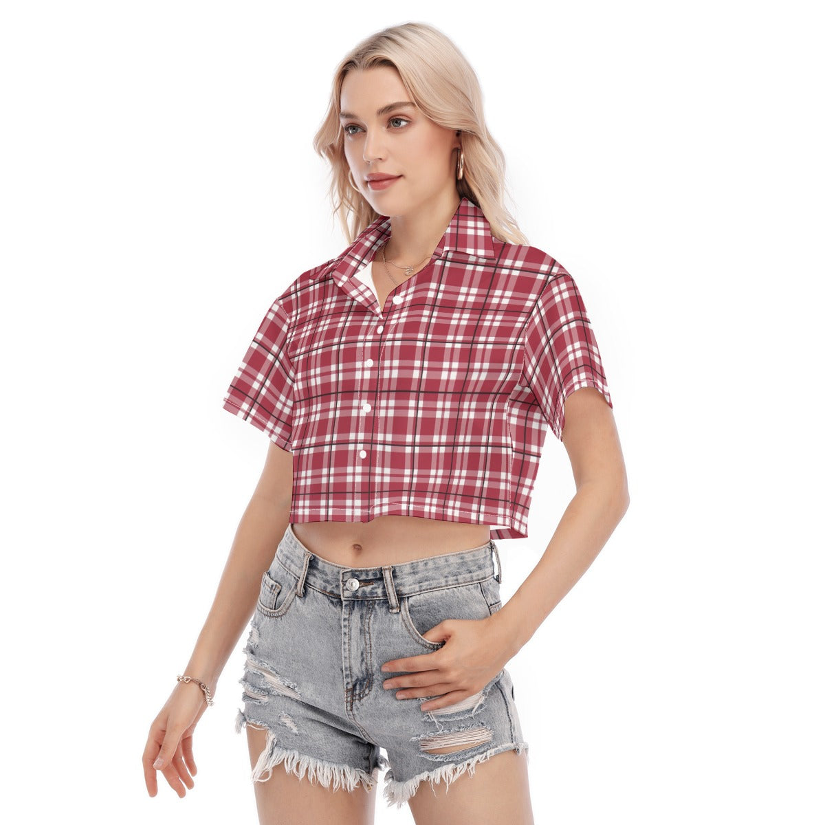 alabama crimson tide tartan plaid crimson white women's cropped shirt crimson white tartan plaid game day fashion