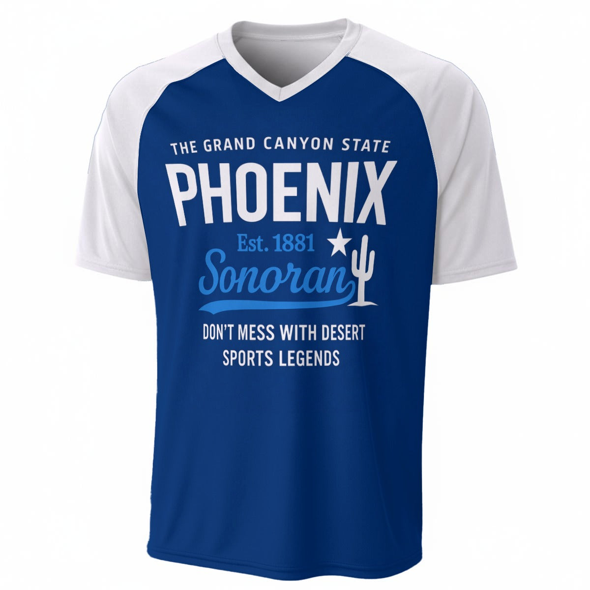 Phoenix Blue and White Varsity T-Shirt – Retro Desert Sports Graphic Streetwear Shirt – game day outfit, lightweight game day shirt, image 1.0