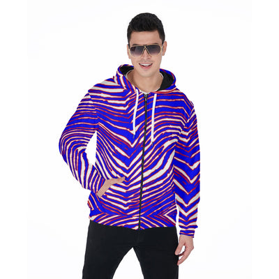 Buffalo Football Zip Up Hoodie With Pocket – Red Blue White Zebra Game Day Style – sportswear style, breathable comfort wear, image 1.0