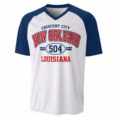 New Orleans Crescent City 504 Louisiana Baseball V-Neck T-Shirt White and Navy Blue – Urban Sports S – nfl fan apparel, breathable comfort wear, image 1.0