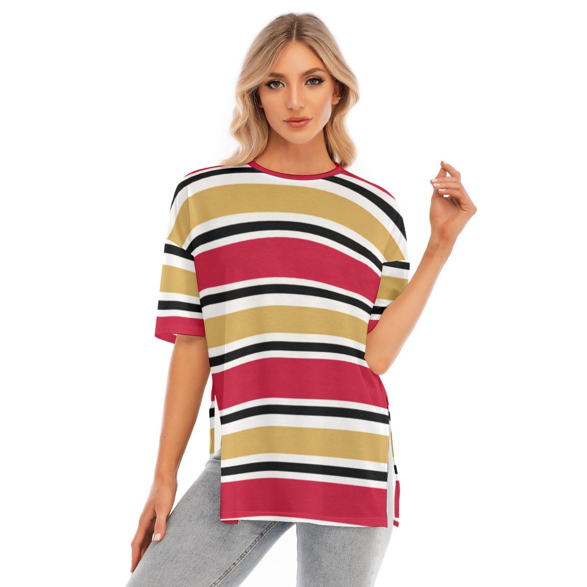 San Francisco Football Striped Women’s T-Shirt with Hem Split – Red and Gold Game Day Top – game day outfit, football shirt, image 1.0