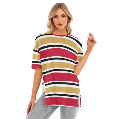 San Francisco Football Striped Women’s T-Shirt with Hem Split – Red and Gold Game Day Top – game day outfit, football shirt, image 1.0