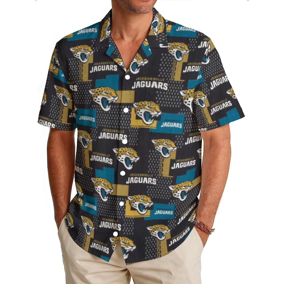 Jacksonville Jaguars Men's Hawaiian Shirt|150GSM teal black football back view game day look
