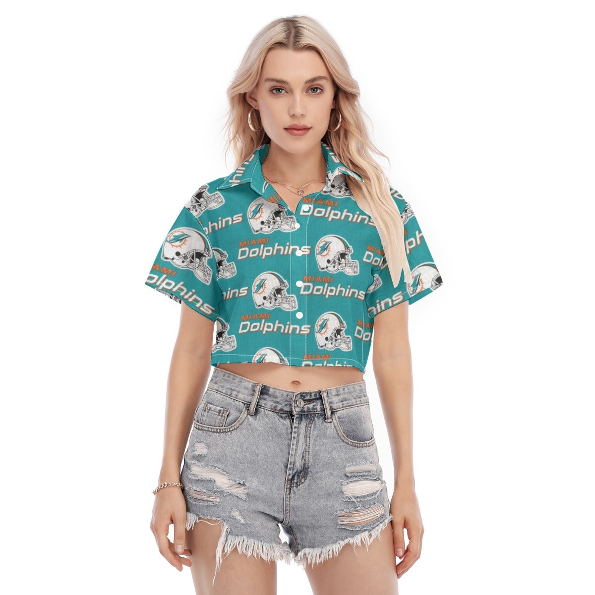 Miami Dolphins Women's Cropped Shirt aqua orange football outfit back view