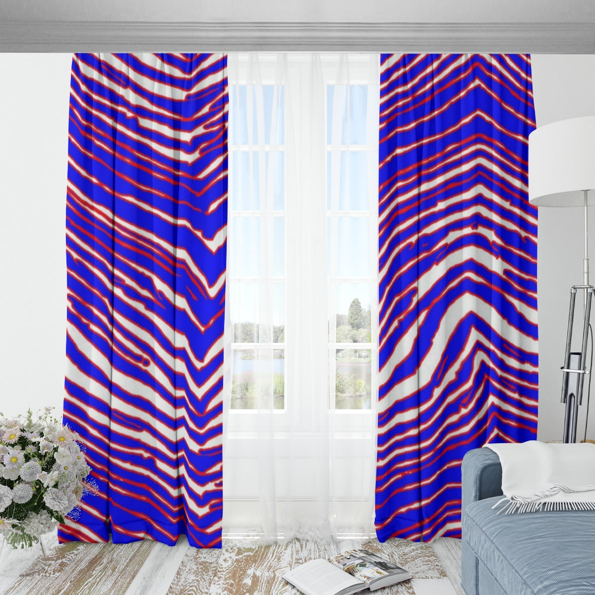 Buffalo football Blackout Curtains with Hooks | 265(gsm) – Red Blue White Zebra Game Day Style
