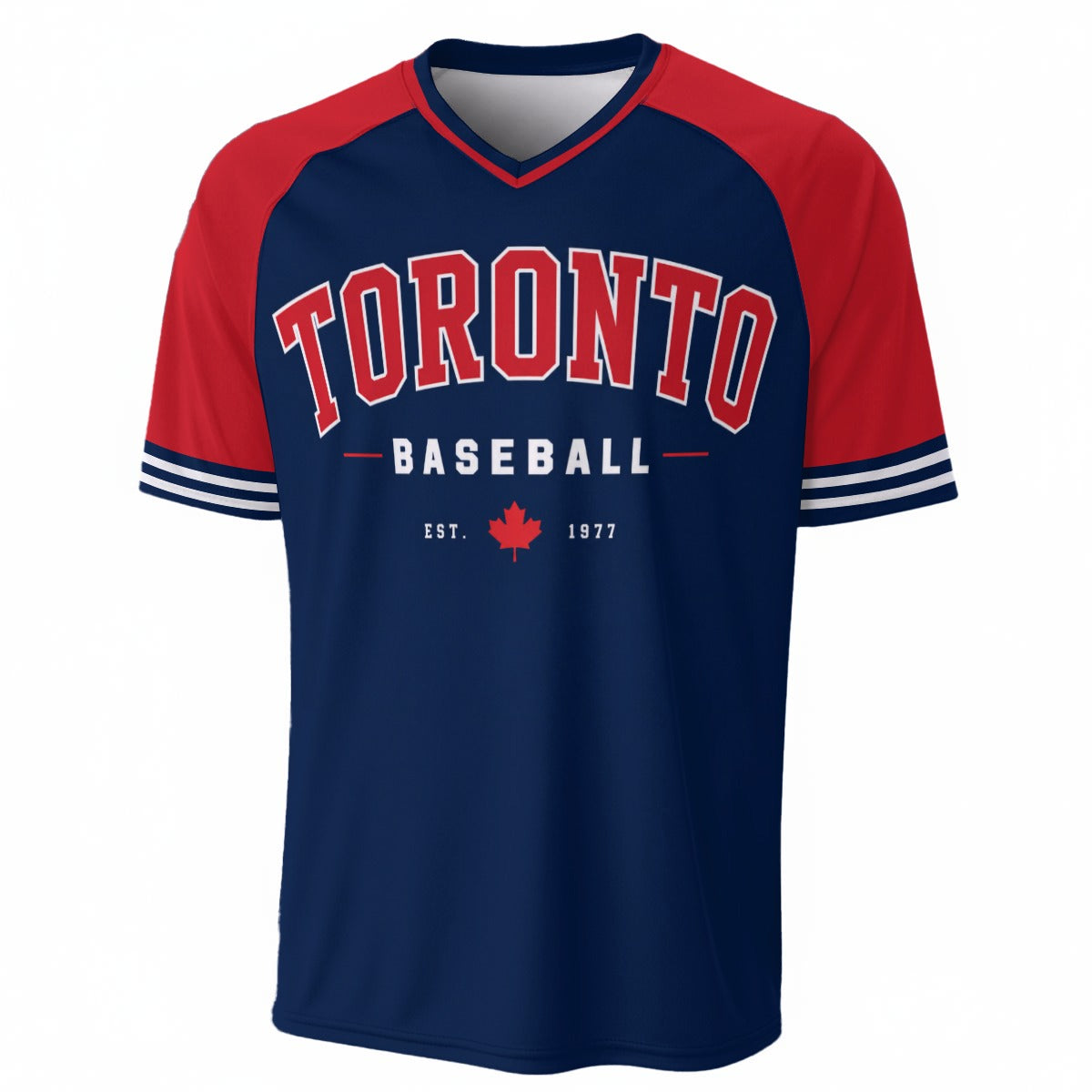 Navy and red baseball jersey with 'Toronto Baseball' text on a white background