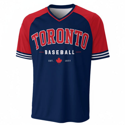 Navy and red baseball jersey with 'Toronto Baseball' text on a white background