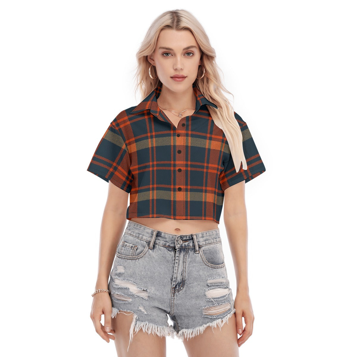 auburn tigers tartan plaid navy orange women's cropped shirt navy orange tartan plaid game day fashion