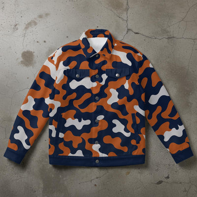 Chicago Football Camo Trucker Jacket – Navy Orange Game Day Utility Jacket – casual fan outfit, game day outfit, image 1.0