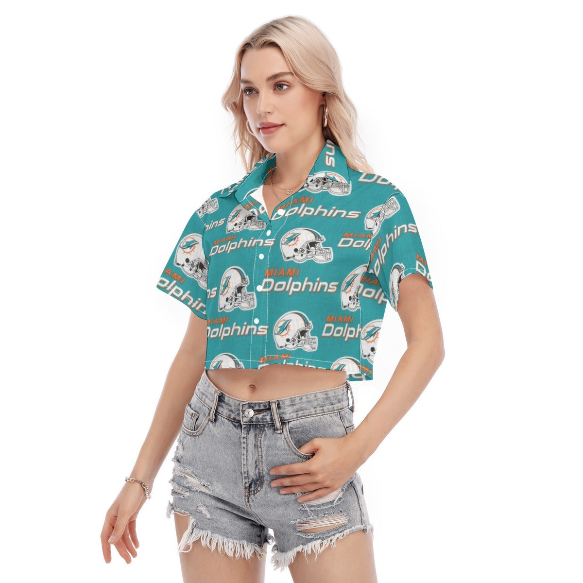 miami-dolphins-womens-cropped-shirt aqua orange football outfit fabric close-up