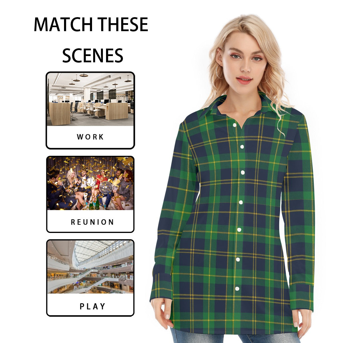 Notre Dame Fighting Irish Green Navy Gold Plaid Womens Long Shirt 8 green navy gold plaid women fashion apparel