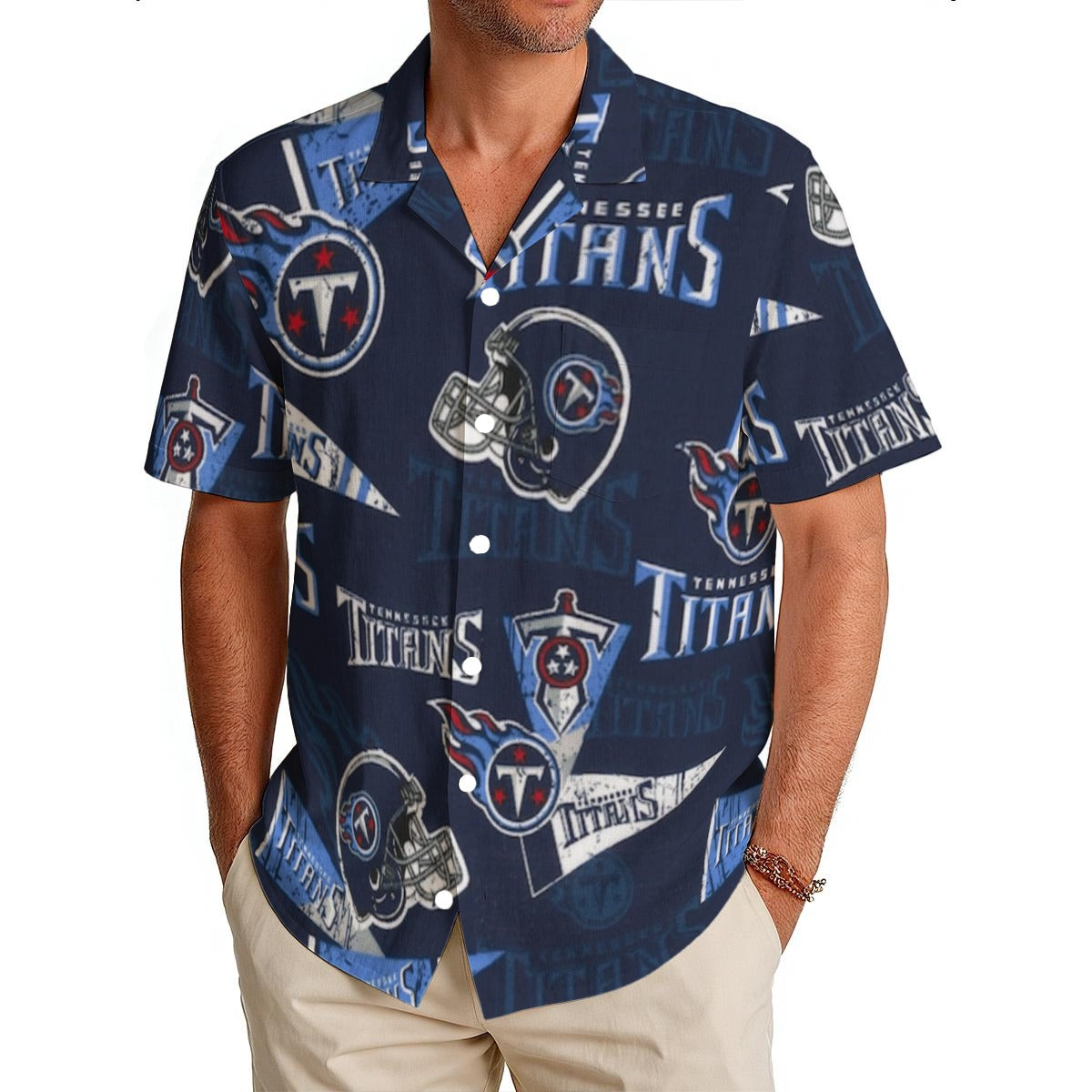 Tennessee Titans Men's Hawaiian Shirt|150GSM navy light blue football back view game day look