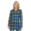 west virginia mountaineers tartan plaid blue gold women's long shirt |115gsm cotton poplin blue gold tartan plaid mountaineers game day fashion