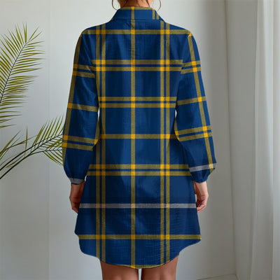 West Virginia Mountaineers Tartan Plaid Blue Gold Women's Long Sleeve Shirt Dress
