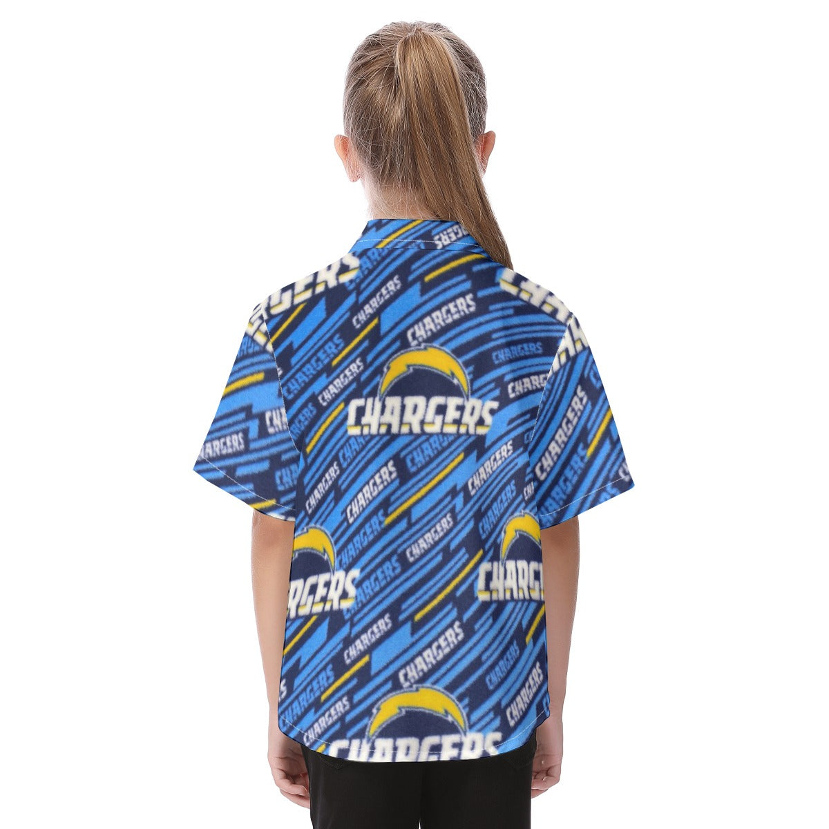 los-angeles-chargers-kids-hawaiian-vacation-shirt powder blue yellow football close-up design detail