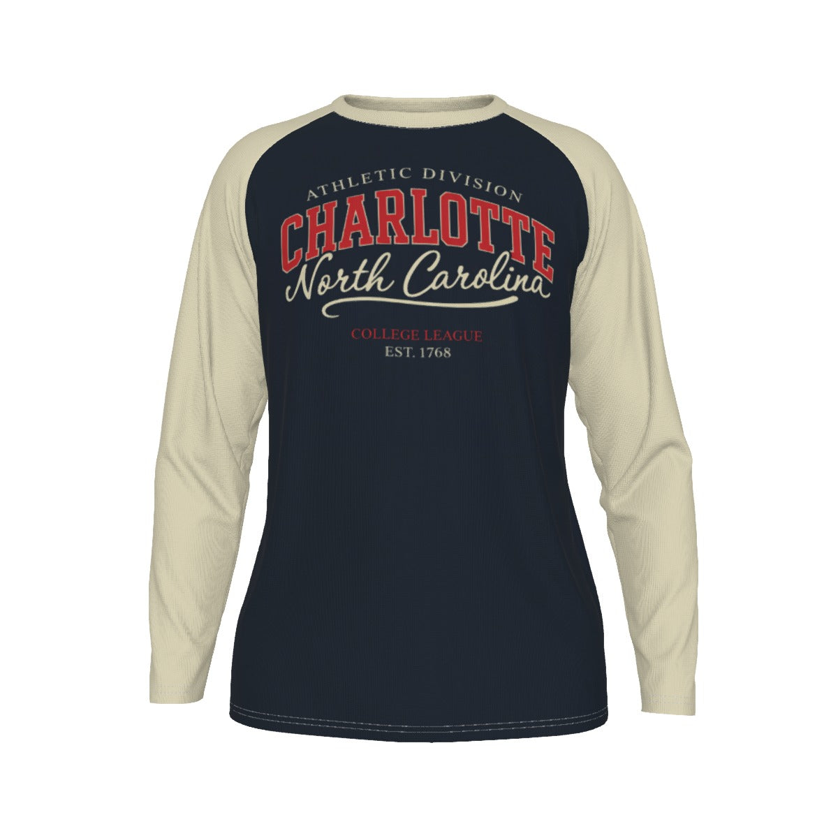 Charlotte North Carolina Long Sleeve Shirt – Navy Cream Vintage Varsity College Tee – nfl fan apparel, lightweight game day shirt, image 1.0
