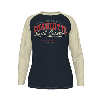 Charlotte North Carolina Long Sleeve Shirt – Navy Cream Vintage Varsity College Tee – nfl fan apparel, lightweight game day shirt, image 1.0