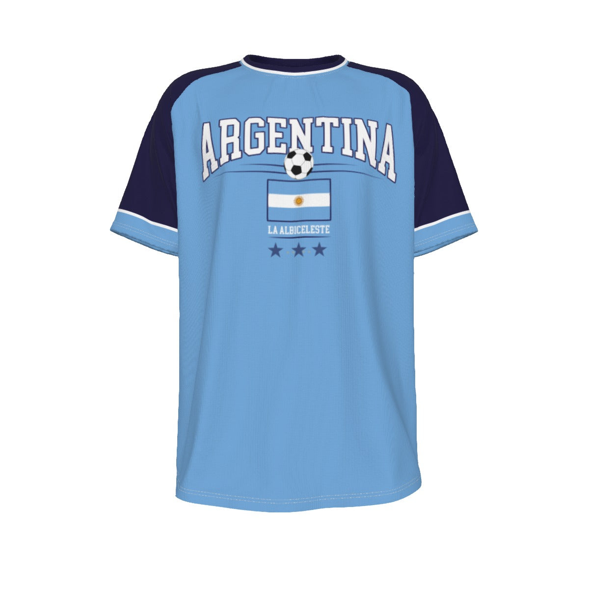 Light blue t-shirt with navy sleeves featuring 'ARGENTINA' text and flag on a white background