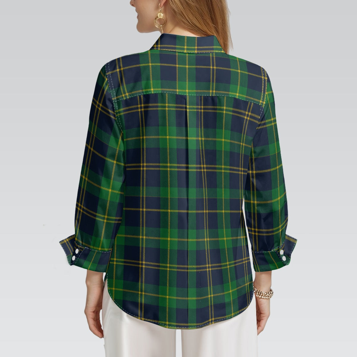 Notre Dame Fighting Irish Green Navy Gold Plaid Womens Mid Length Sleeve Shirt 7 green navy gold plaid women fashion apparel