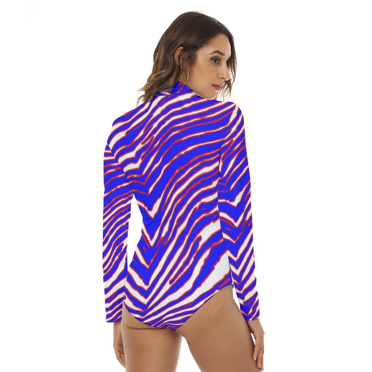 White Smoke Women’s Stretchy Turtleneck Long Sleeve Bodysuit – Red, Blue  White Zebra Game Day Style