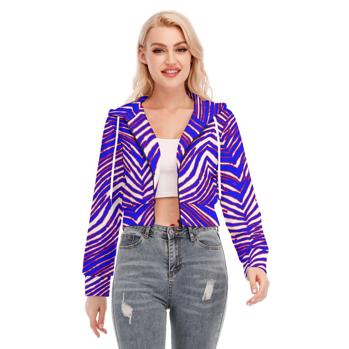 Buffalo Women's Crop Top Hoodie With Zipper Closure – Red Blue White Zebra Game Day Style