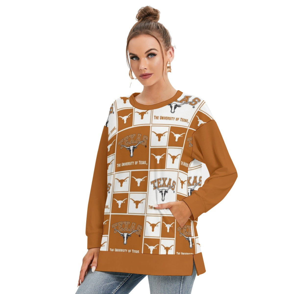 Texas at Austin - Longhorns Women's Side Split O-neck Sweatshirt White varsity sports apparel