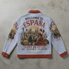Gray jacket with Spanish-themed graphics and text on a concrete surface