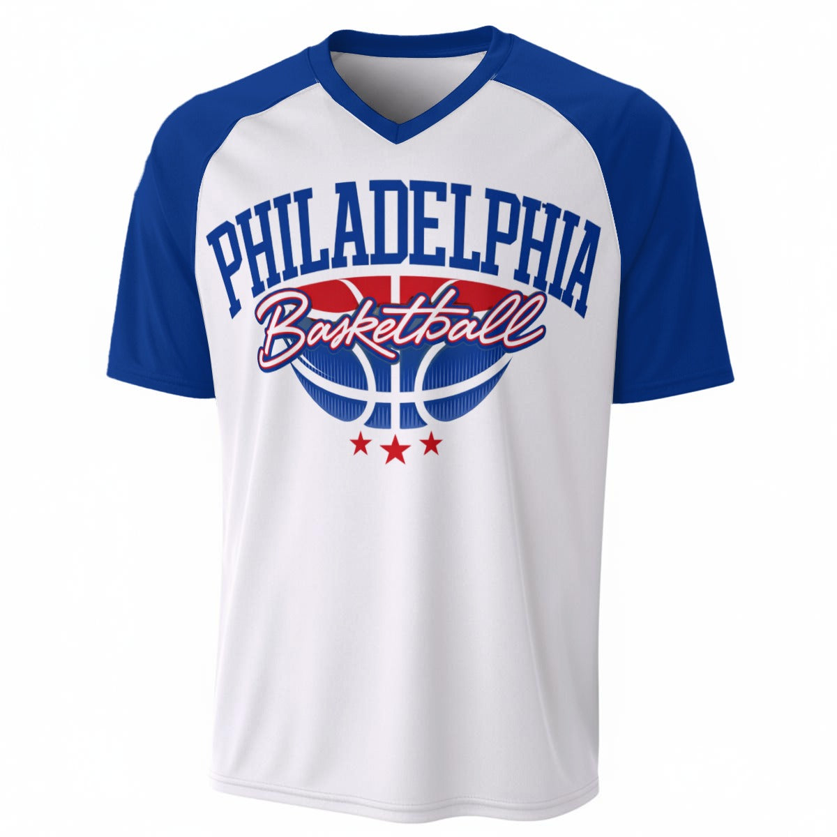 White Blue and Red Philadelphia Basketball T-Shirt – Varsity Sports Graphic Tee  Streetw – breathable comfort wear, nfl fan apparel, image 1.0