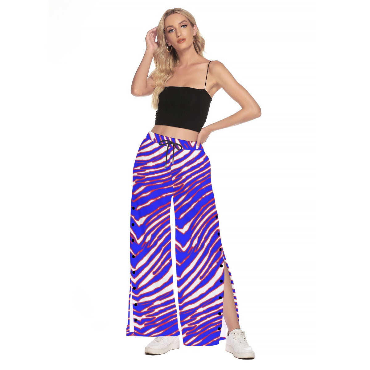Buffalo Football Women's Side Slit Snap Button Trousers – Red Blue White Zebra Game Day Style