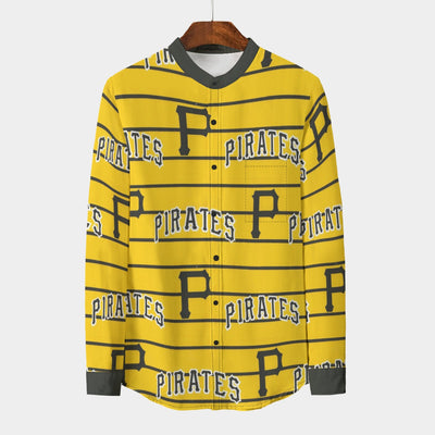 Pittsburgh Pirates Men's Stand Collar Shirt With Long Sleeve|110GSM Imitation Flax pittsburgh pirates baseball fan apparel game day outfit