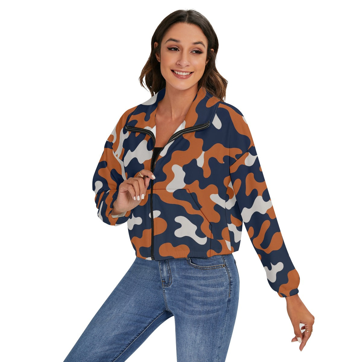 White Smoke Chicago Football Women’s Cropped Camo Jacket – Navy Orange Game Day Zip Jacket