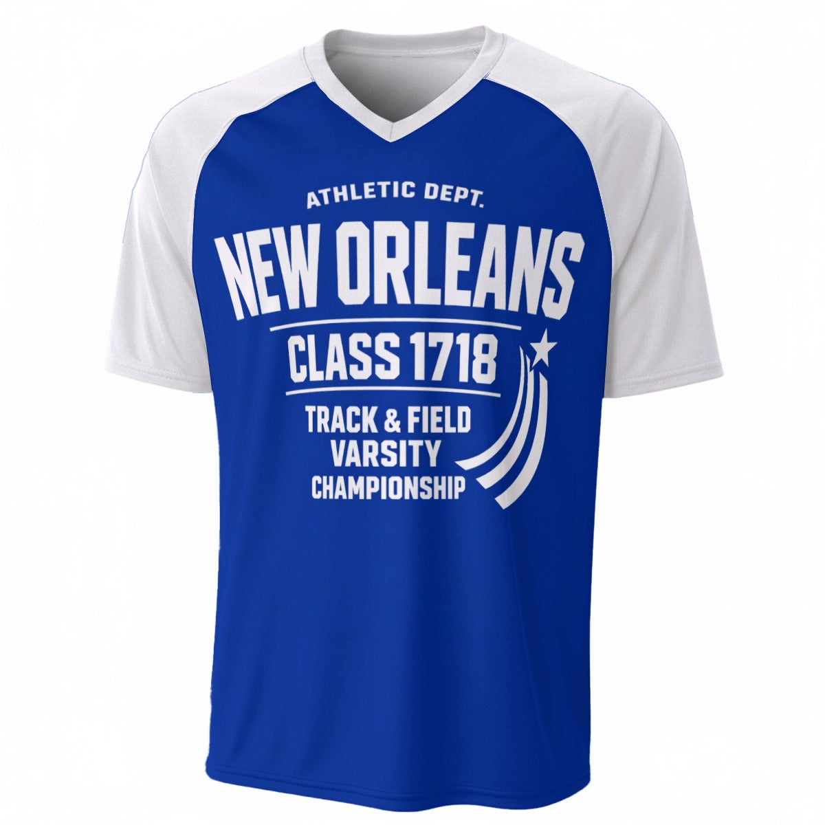 New Orleans Class 1718 Varsity Baseball V-Neck T-Shirt Blue and White – Athletic Streetwear – game day outfit, fan gear, image 1.0