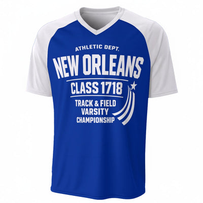 New Orleans Class 1718 Varsity Baseball V-Neck T-Shirt Blue and White – Athletic Streetwear – game day outfit, fan gear, image 1.0