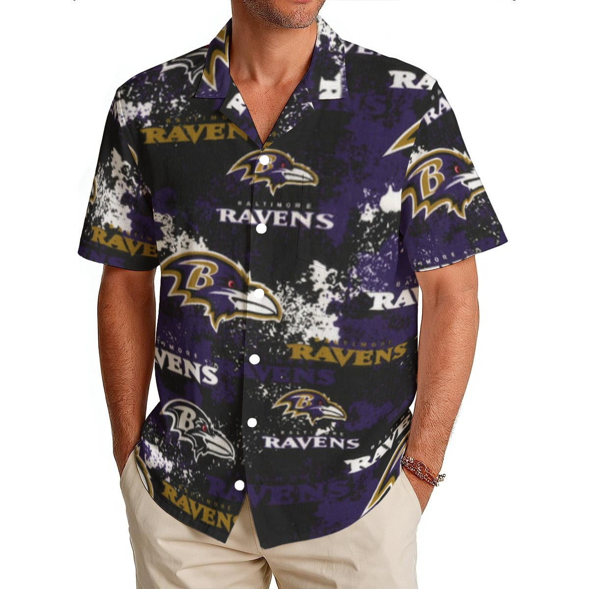 Baltimore Ravens  Men's Hawaiian Shirt|150GSM purple black football outfit back view