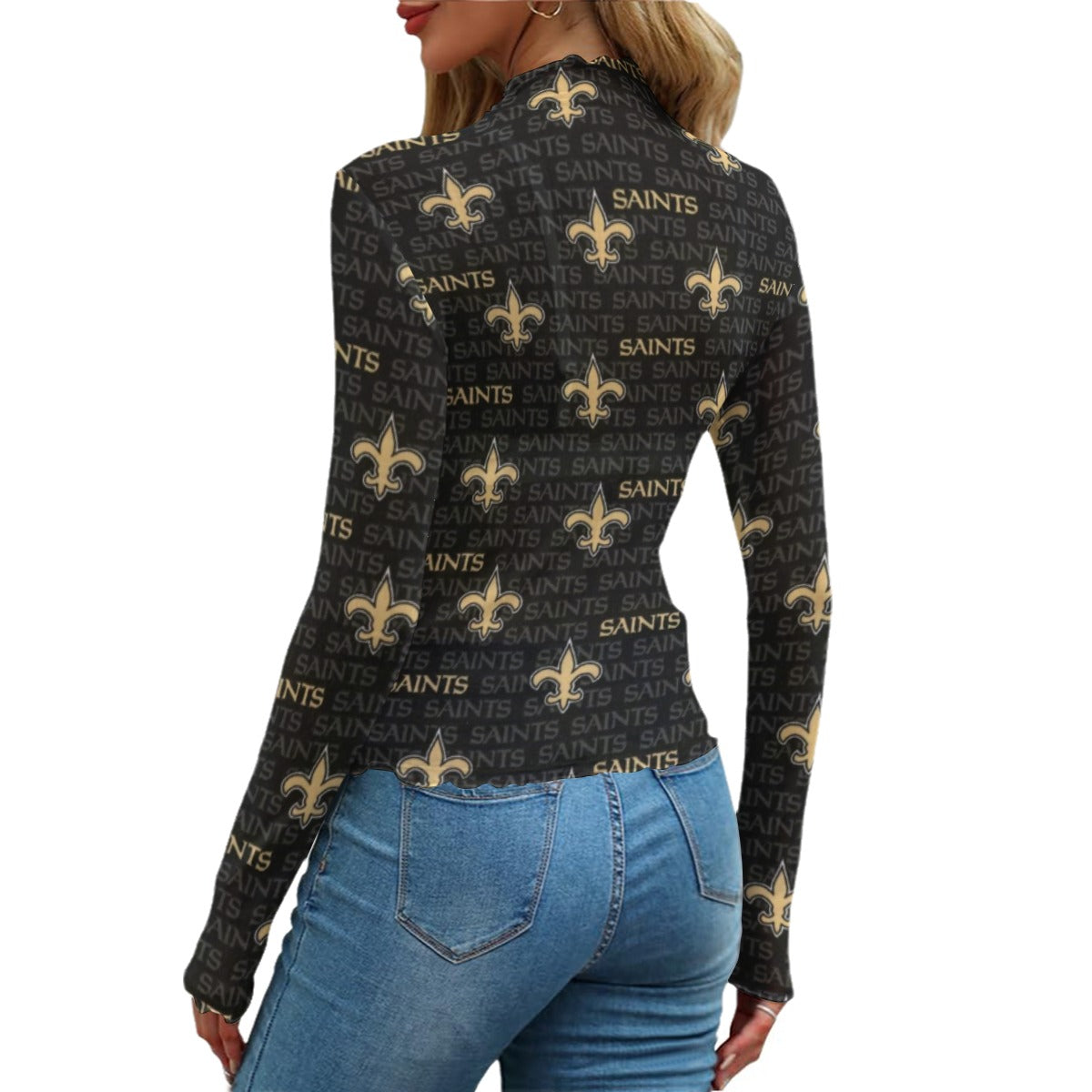 new-orleans-saints-womens-mesh-t-shirt black gold football detail fabric breathable