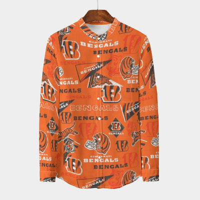 Cincinnati Bengals Men's Stand Collar Shirt With Long Sleeve|110GSM Imitation Flax black orange football back view game day look