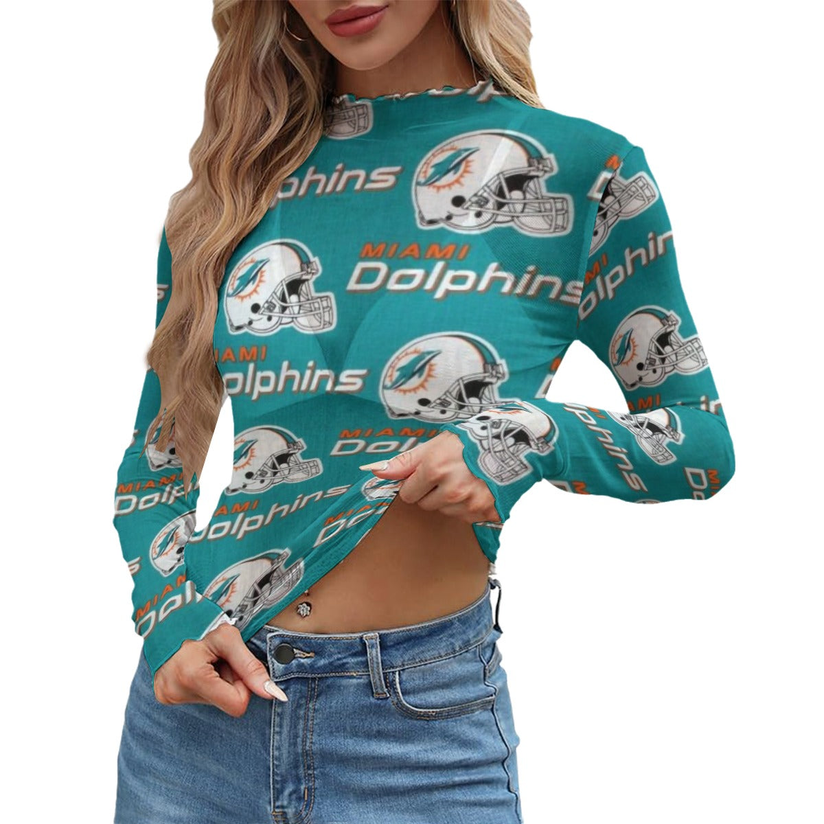 Miami Dolphins Women's Mesh T-shirt aqua orange football outfit back view